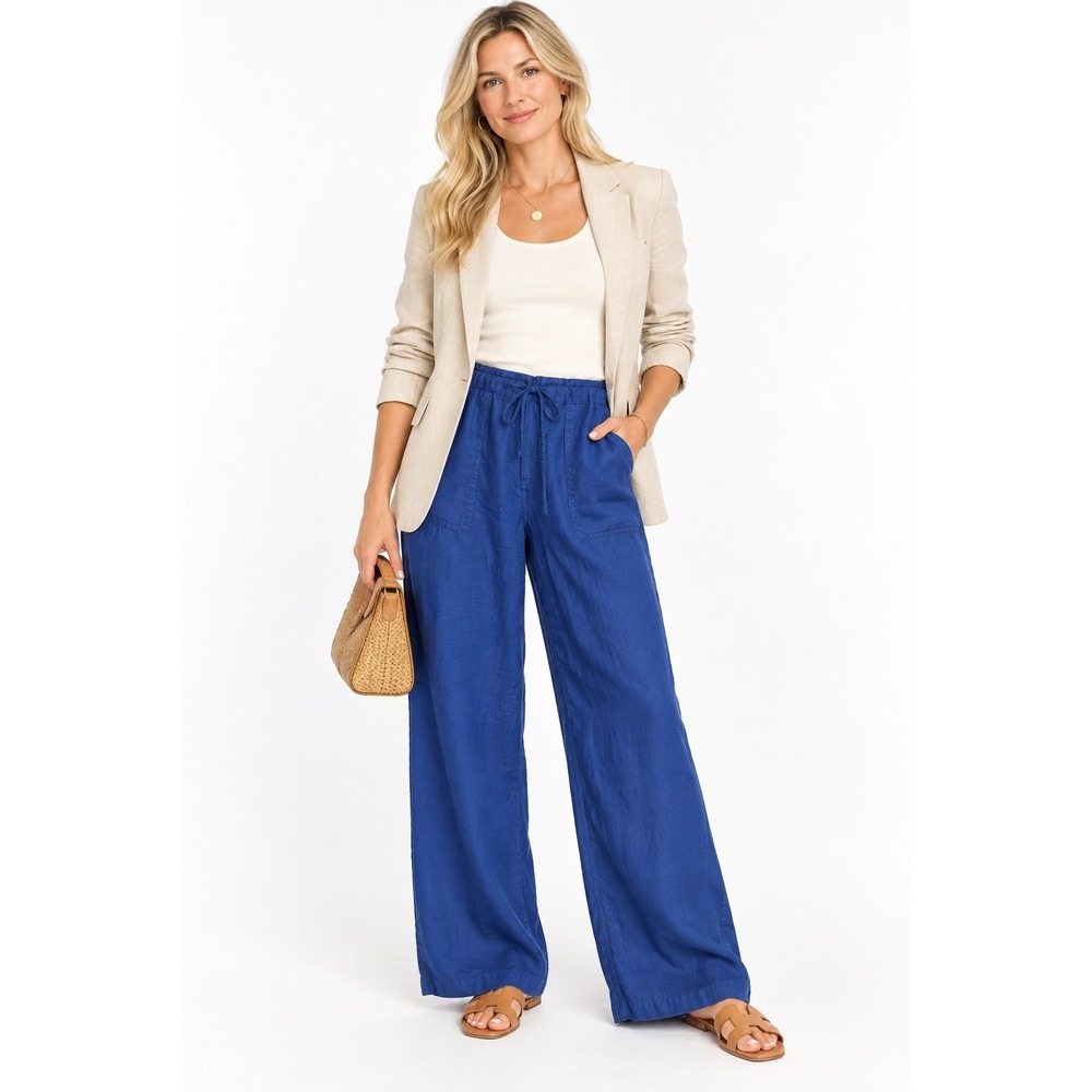 Cobalt Blue 100% Linen Wide Leg Drawstring Pants Pockets Coastal Minimalist Sz 6